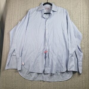 Thomas Pink Shirt Mens 16.5 34 Blue Herringbone Twill Check Dress Shirt England